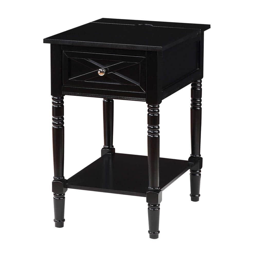 Convenience Concepts Country Oxford 1 Drawer End Table with Charging Station and Shelf, Black