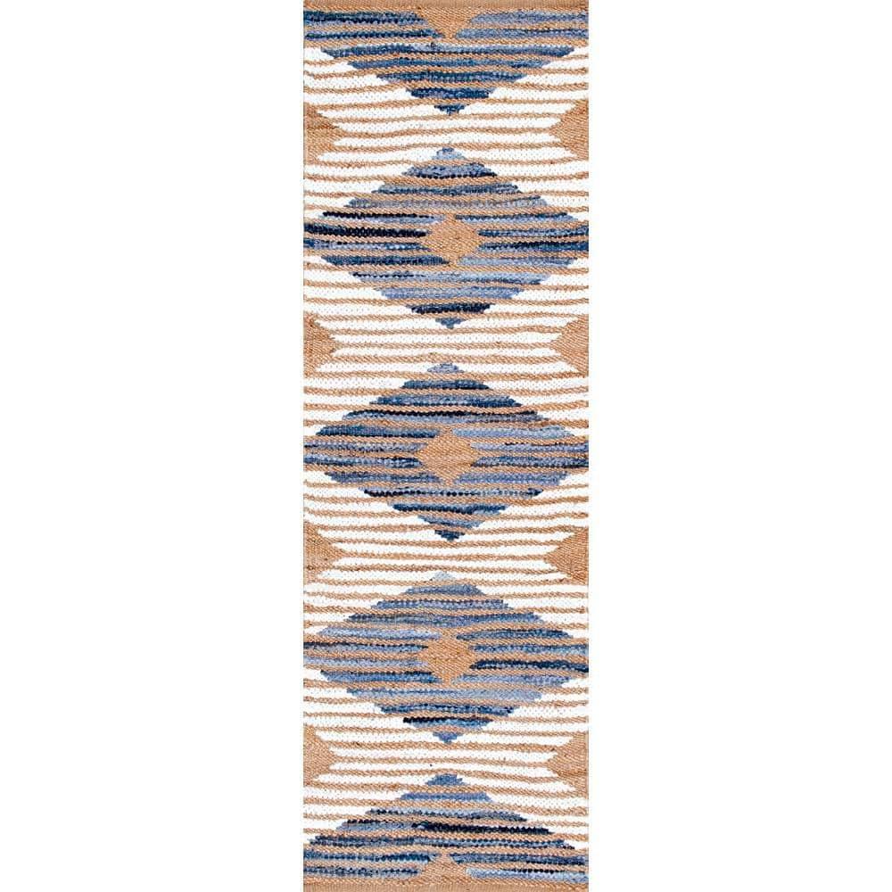 nuLOOM Hand Braided Marla Denim And Jute Diamonds Area Rug, Runner 2' 6" x 10', Off White