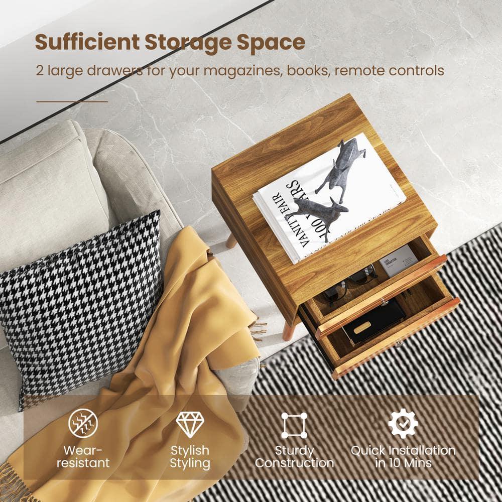 Tangkula Wooden Nightstand with 2 Storage Drawers Accent End Side Table for Bedroom&Living room Natural