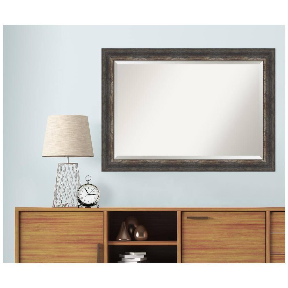 Amanti Art Beveled Bathroom Wall Mirror - Bark Rustic Char Frame Bark Rustic Char Outer Size: 41 x 29 in Silver, Brown, Black
