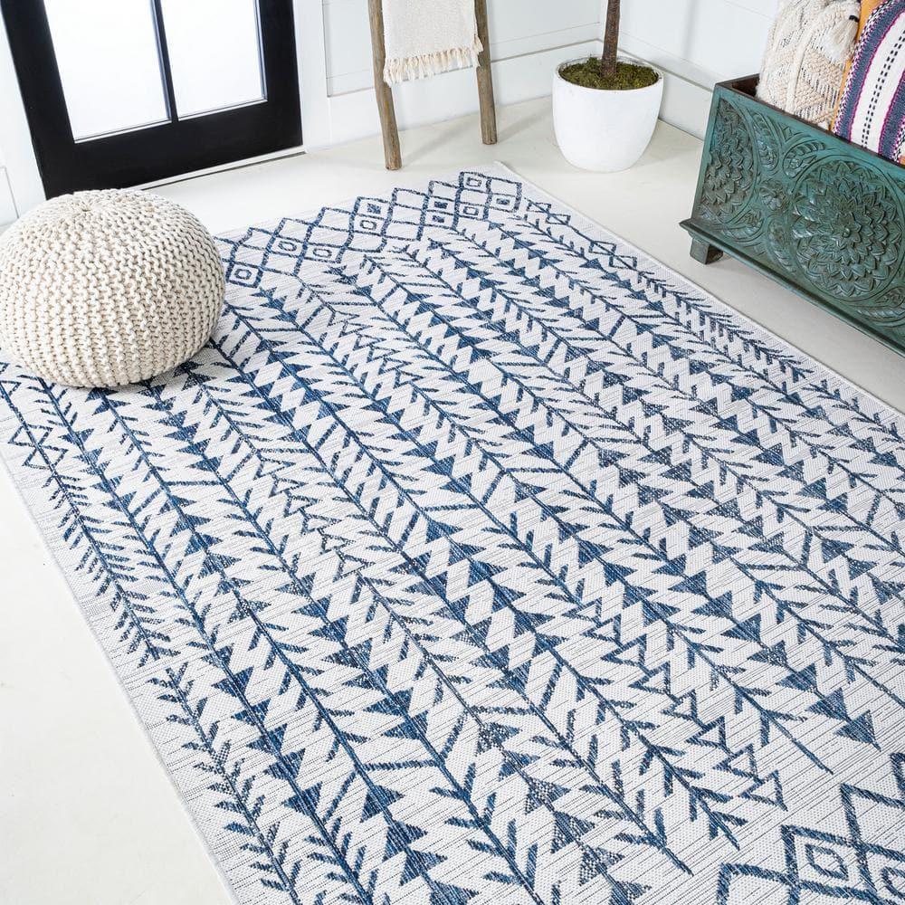 3'x5' Tokay Bohemian Styled Geometric Indoor/Outdoor Area Rug, Ivory/Blue - JONATHAN Y