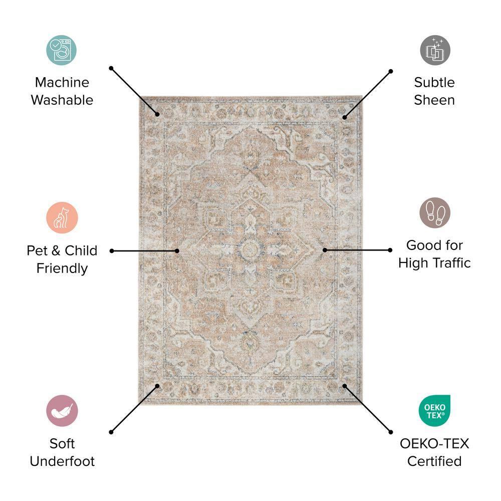 Nourison Astra Machine Washable Vintage Medallion Indoor Bathroom, Kitchen Area Rug Gold/Multicolor 3'3" x 5'