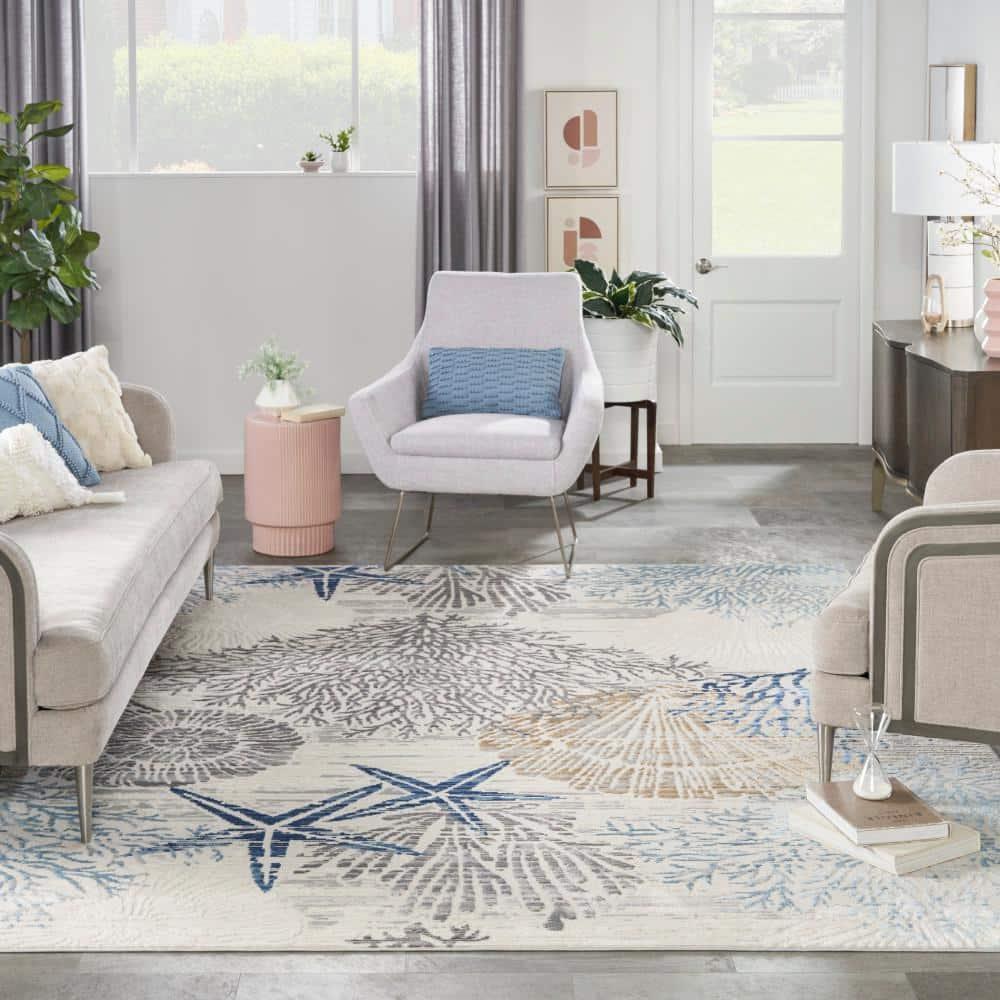 Nourison Pompeii 7'10" x 9'10" Ivory Grey Blue Coastal, Nautical & Beach Indoor Rug