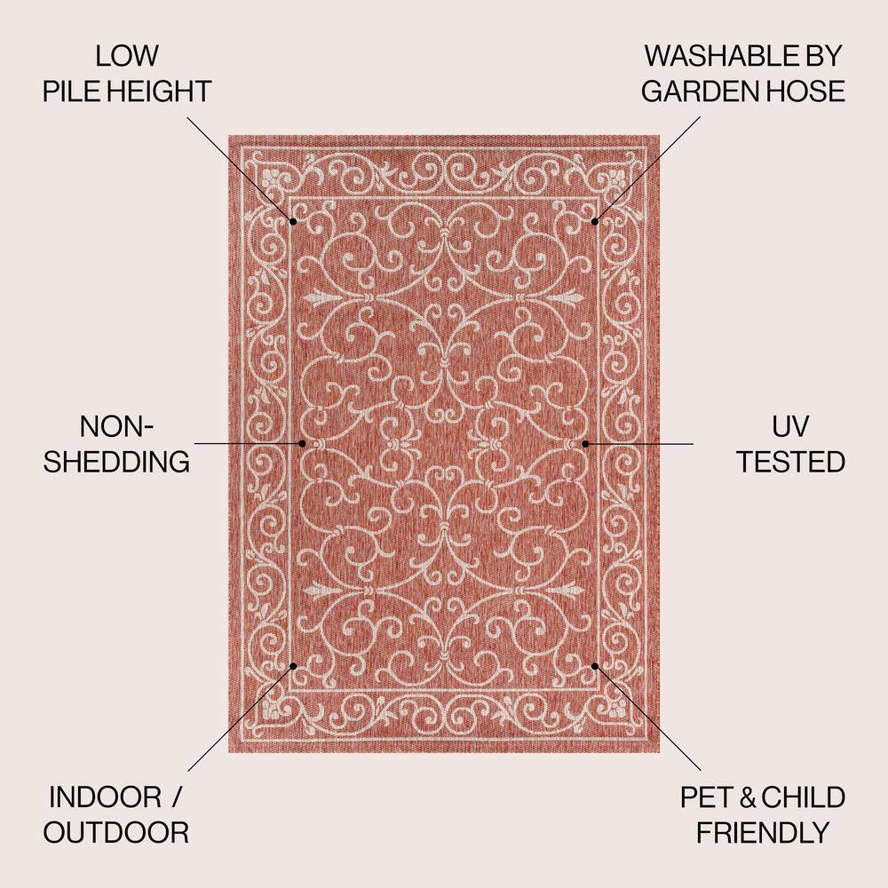 4'x6' Charleston Vintage Filigree Textured Weave Indoor/Outdoor Area Rug, Red/Beige - JONATHAN Y