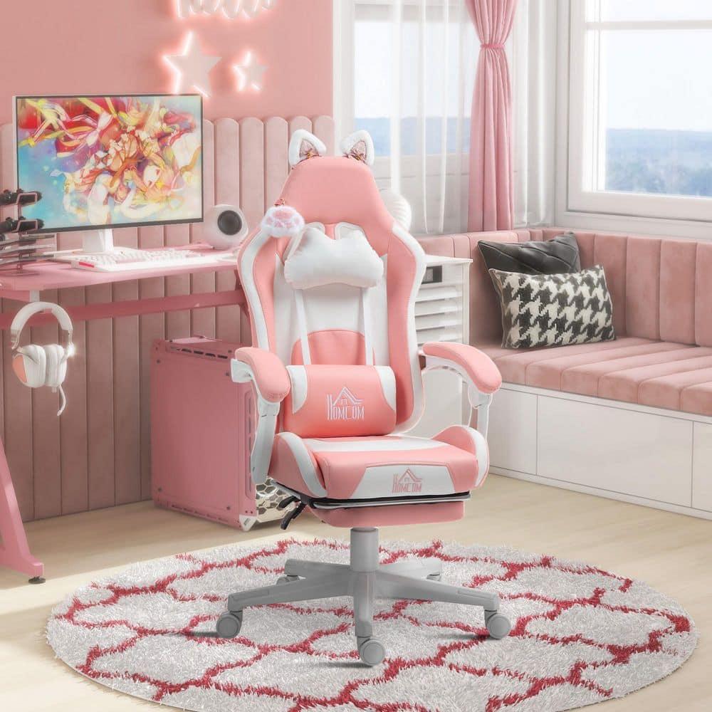 HOMCOM Cute Gaming Chair, Reclining Computer Chair with Footrest, Headrest, Lumbar Support, Height Adjustable Faux Leather Swivel Gamer Chair, Pink