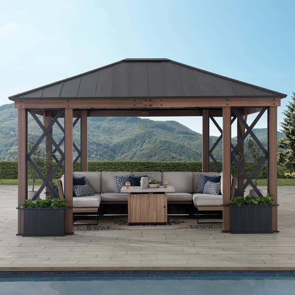 Sunjoy 13 ft. x 15 ft. Hardtop Gazebo, Outdoor Black Steel Roof Gazebo Aluminum Framed Gazebo with Planters and Ceiling Hook for Patio, Garden, and Backyard Activities