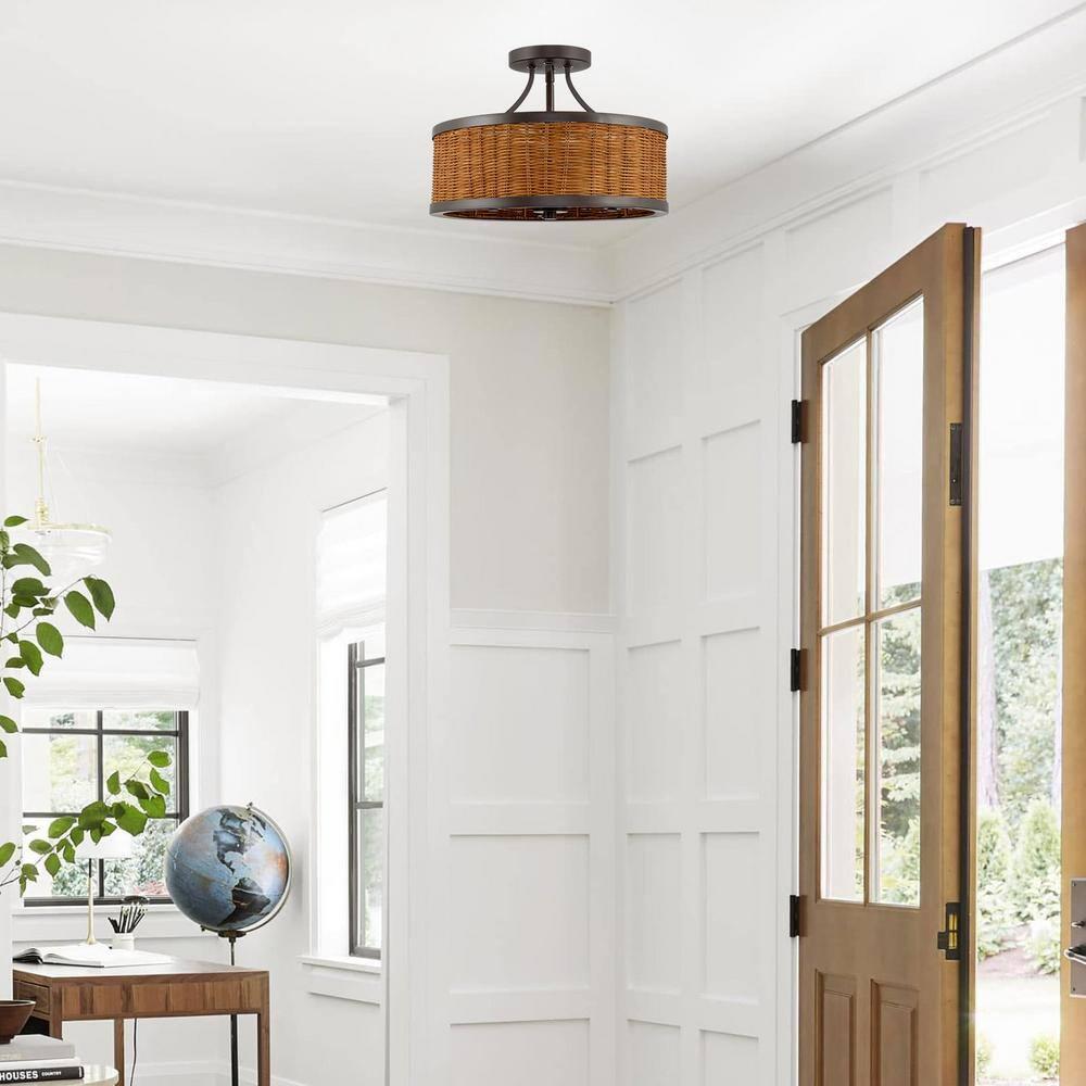 Kira Home Zora 15" 3-Light Modern Semi Flush Mount Ceiling Light + Rattan Wicker Drum Shade, Oil Rubbed Bronze Finish