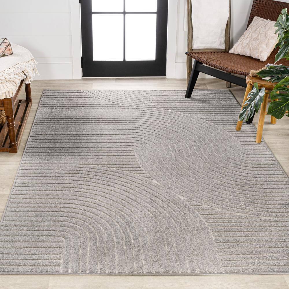 JONATHAN Y Skagen High-Low Minimalist Curve Geometric Gray/Ivory 4 ft. x 6 ft. Indoor/Outdoor Area Rug