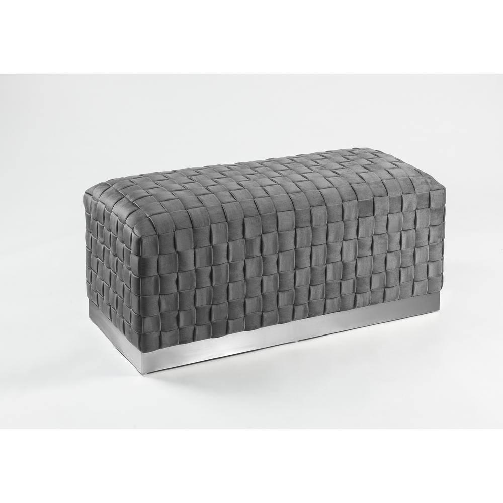 Boe Grey/Chrome Velvet Bench - Intricate Woven Pattern, Chrome Stainless Steel Base