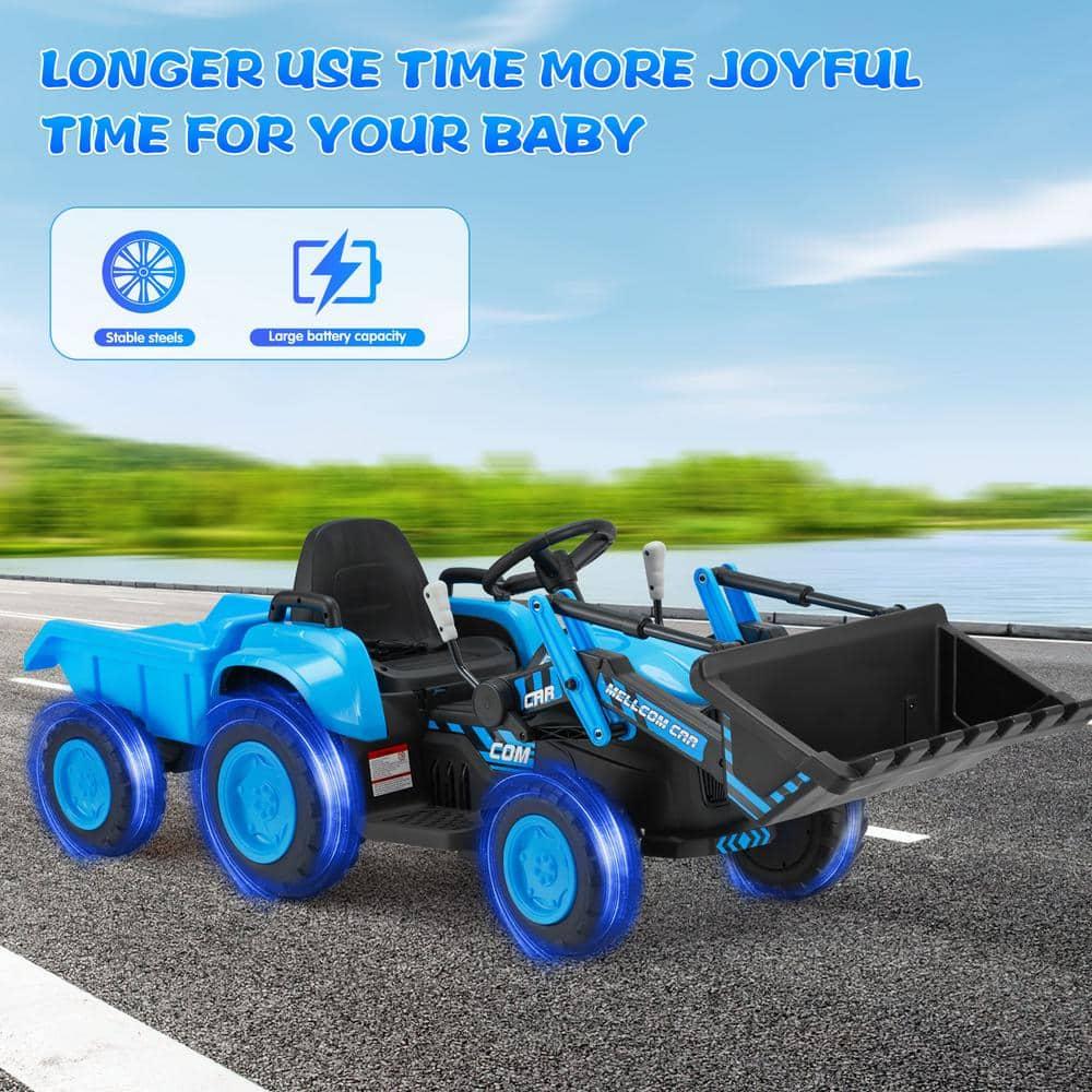 Erommy Ride on Bulldozer Toys with Remote Control, 12 V Battery Powered Ride on Tractor with Trailer, Front Loader Bucket, Horn, Lights, Music