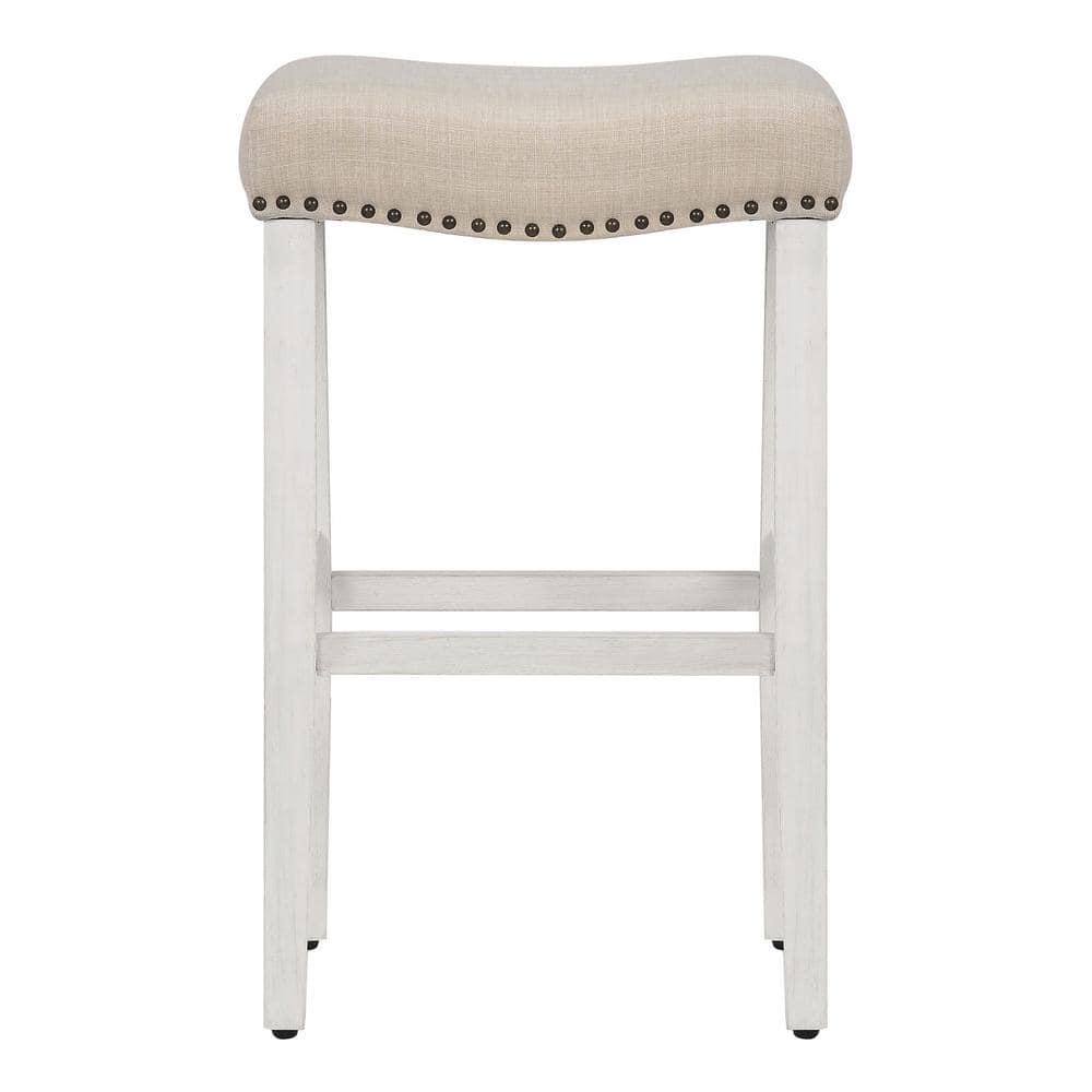 29" Upholstered Nail Head Counter Stool, Antique White/Beige
