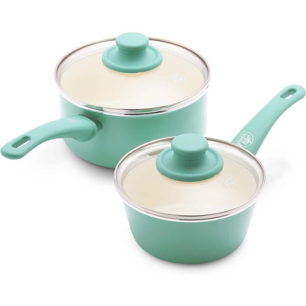 GreenLife GreenLife Soft Grip Healthy Ceramic Nonstick, 1QT And 2QT Saucepan Pot Set With Lids, Dishwasher Safe
