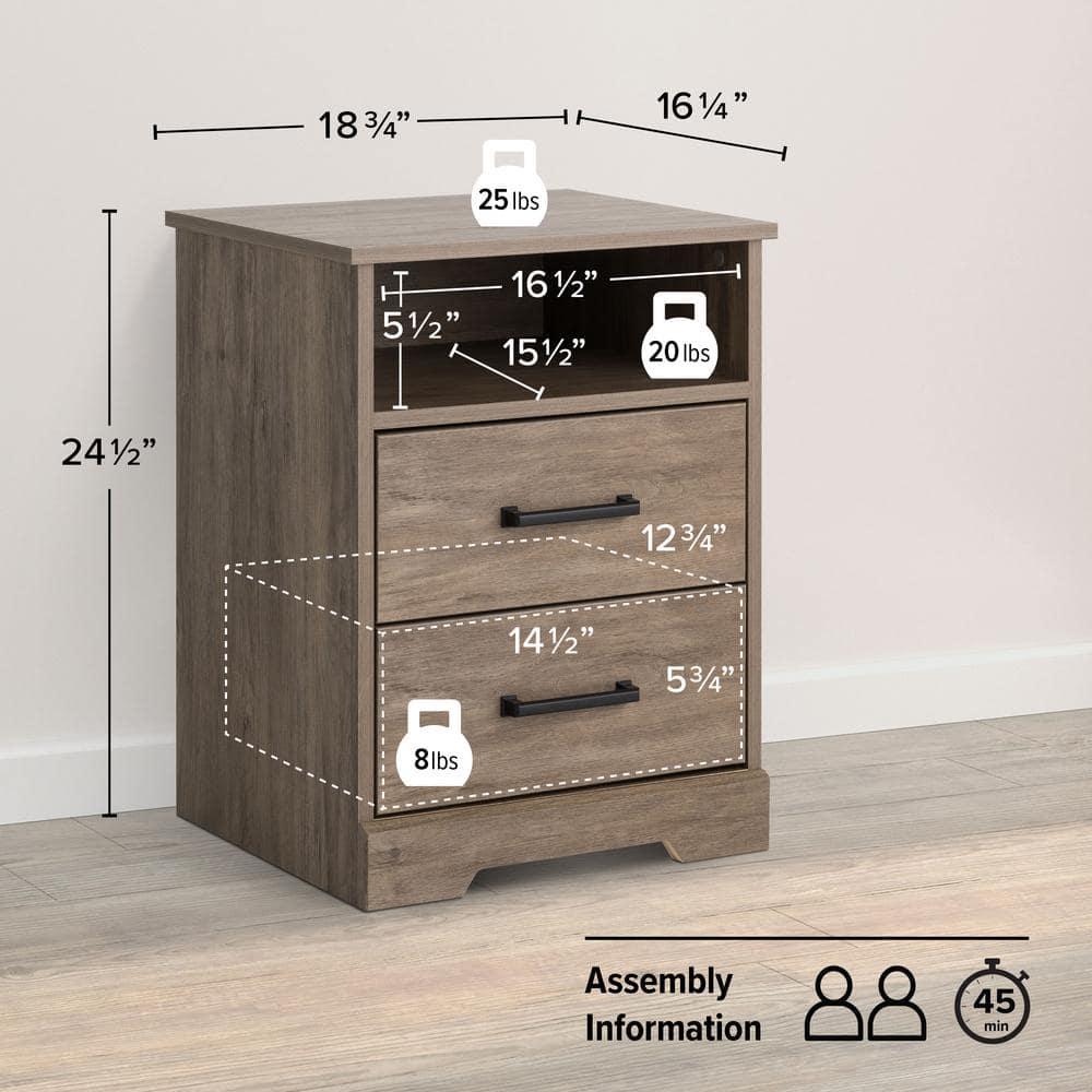 Prepac Rustic Ridge Farmhouse Nightstand Bedside Table, Brown Nightstand for Bedroom, End Table with 2 Drawers and Open Shelf 16.25"D x 18.75"W x 24.5"H