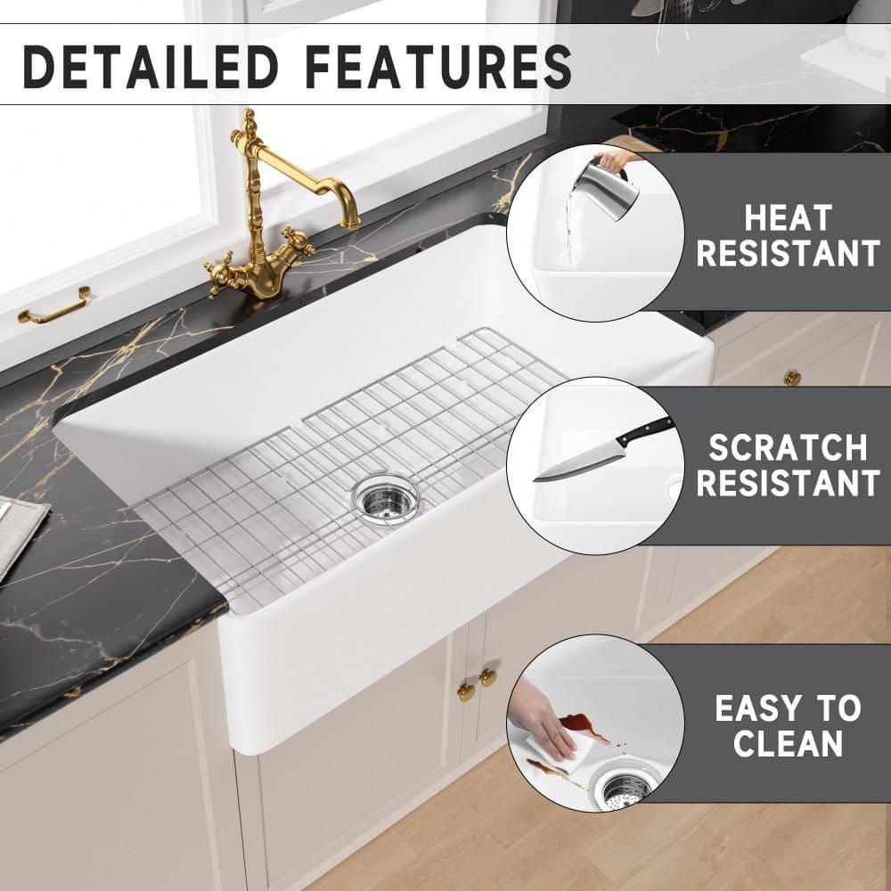 TUKTUK White Farmhouse Sink 36 inch Fireclay Farm Sink Apron Front Single Bowl Kitchen Sinks Deep Large Capacity Porcelain Ceramic Sink Undermount Luxury Bottom Grid & Strainer Drain Included