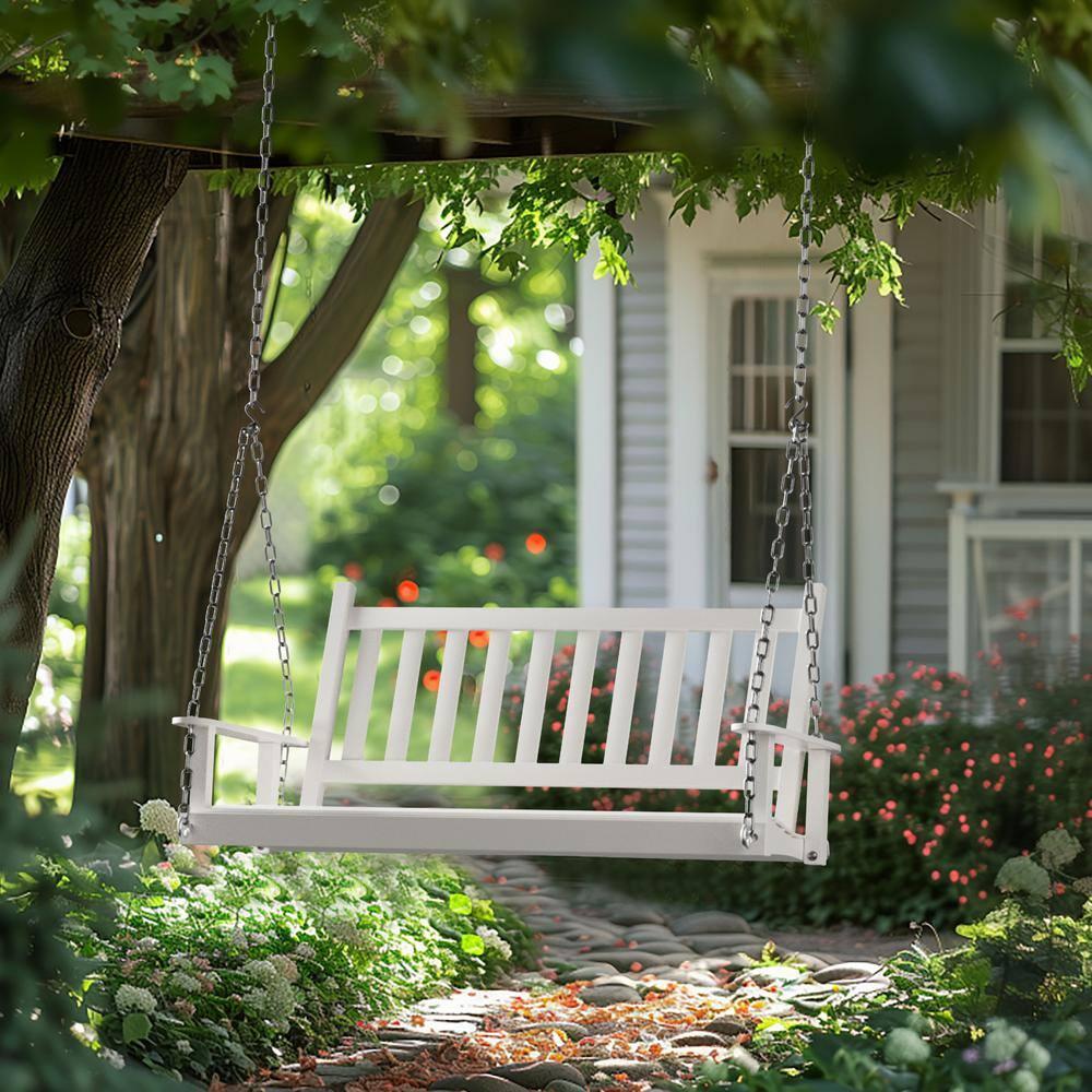 VEIKOUS 2-Seat Outdoor Porch Swing, Hanging Wooden Glider w/Hanging Chains for Patio, Backyard & Garden, White