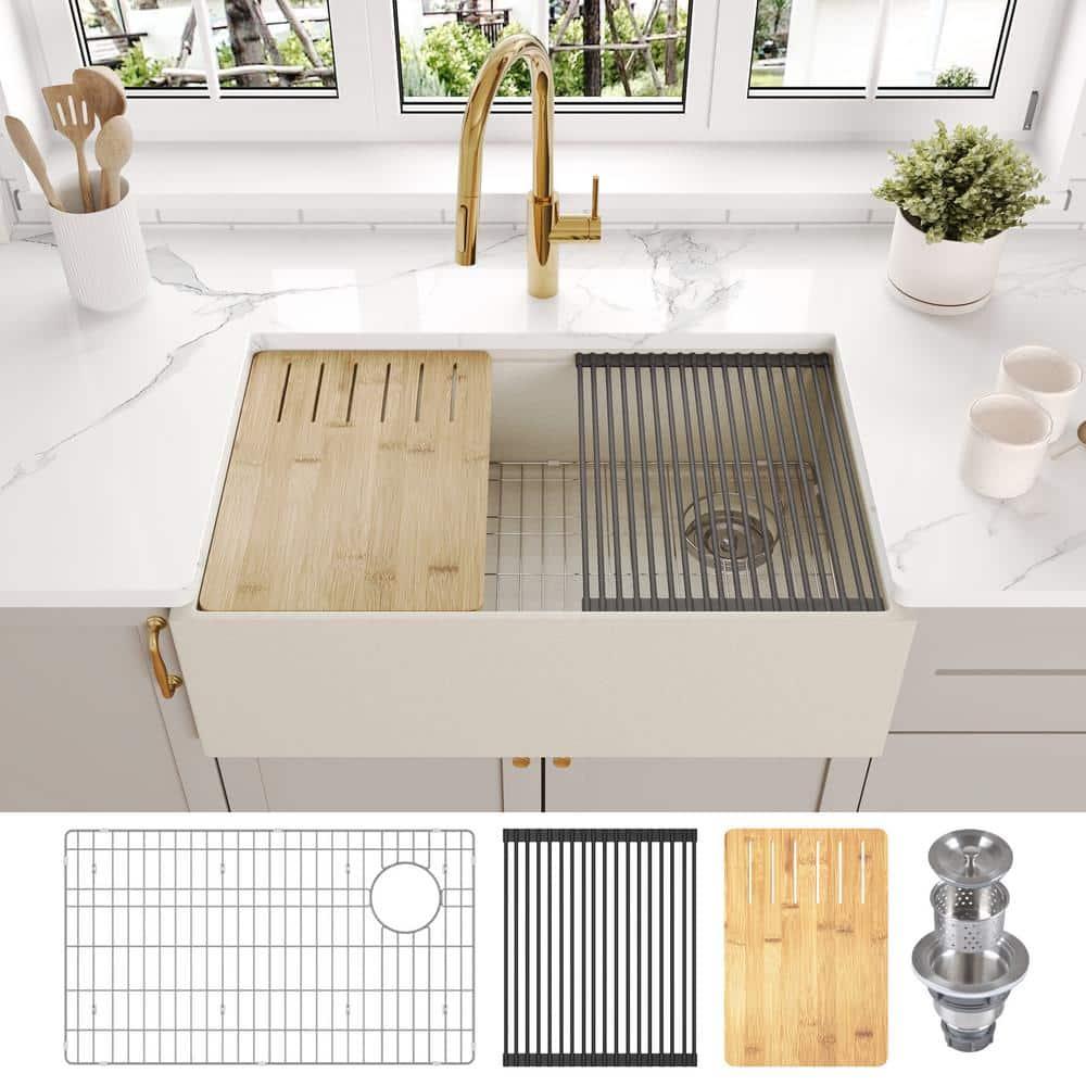 30-inch L Single Bowl Concrete Workstation Farmhouse Kitchen Sink Large Capacity Deep Dual Mount with Accessories
