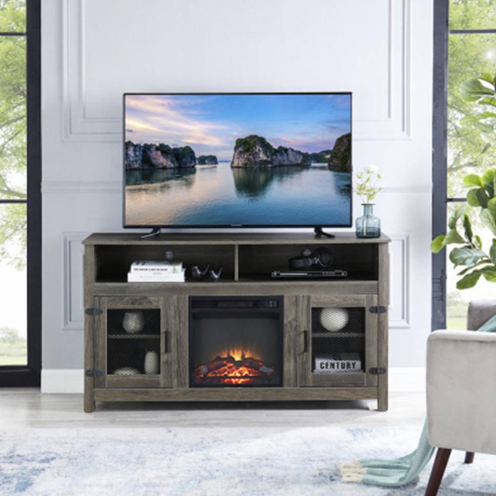Modern 65" Fireplace TV Stand Farmhouse TV Stand with 23''Electric Fireplace,Storage Cabinet and Adjustable Shelves for Living Room Bedroom(Gray)