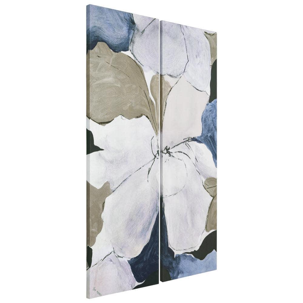 "Floral Serenity I & II", Flower Abstract Artwork on Silver Shagreen Wrapped Canvas Wall Art Set