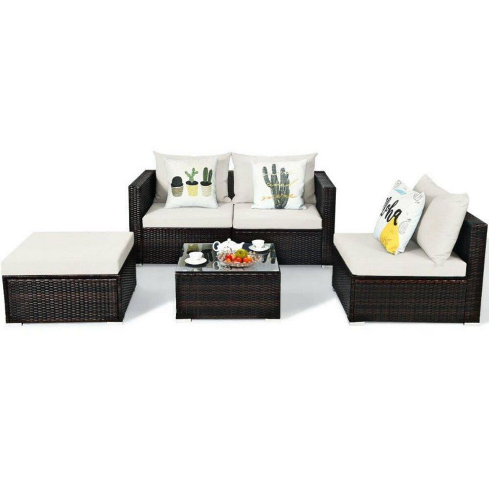 Topcobe 5 Pieces Patio Rattan Sectional Furniture Set with Cushions and Coffee Table, Outdoor Furniture, Off White