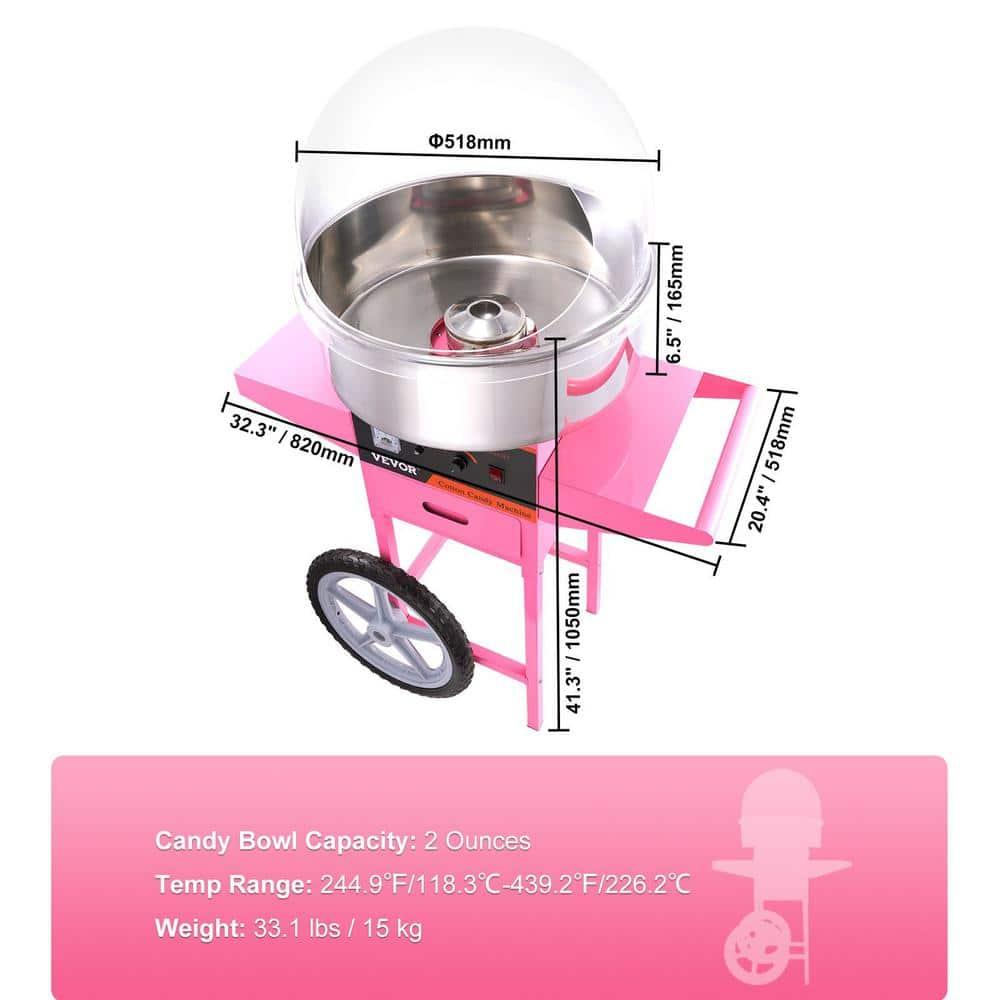 VEVOR Electric Cotton Candy Machine Cart, 1000W Commercial Floss Maker w/Stainless Steel Bowl, Sugar Scoop and Drawer, Perfect for Home, Carnival, Kids Birthday, Family Party, Pink