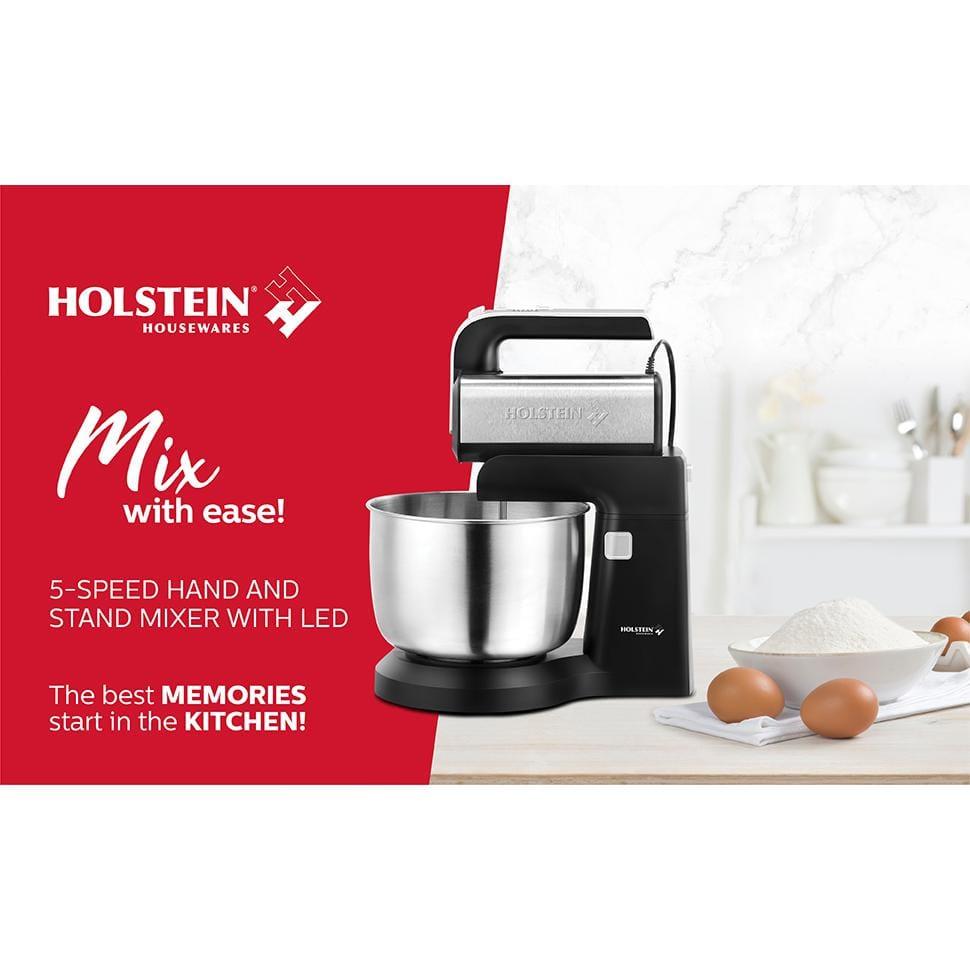 Holstein Housewares 2.9 QT 5-Speed Hand and Stand Mixer with LED Light, Black/Stainless Steel