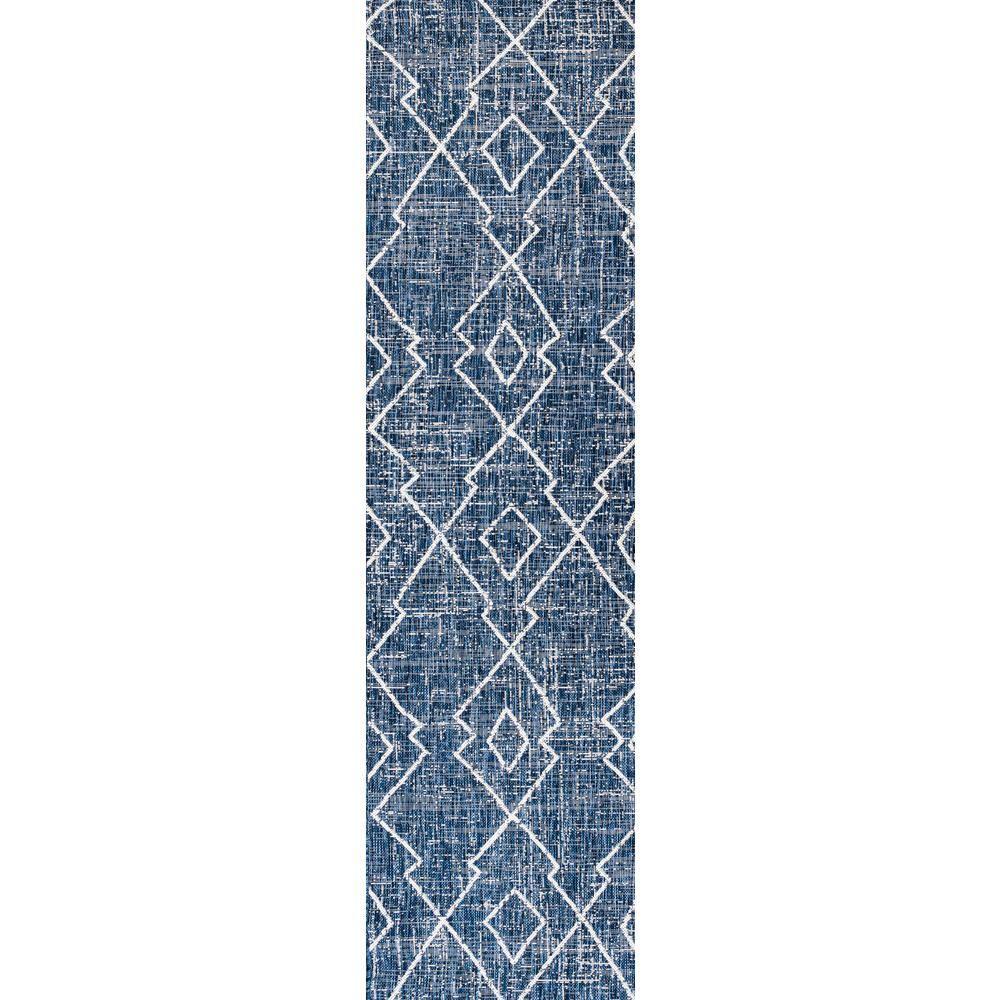 2'x8' Carwa  Diamond Trellis Indoor/Outdoor Runner Rug, Blue/Ivory - JONATHAN Y