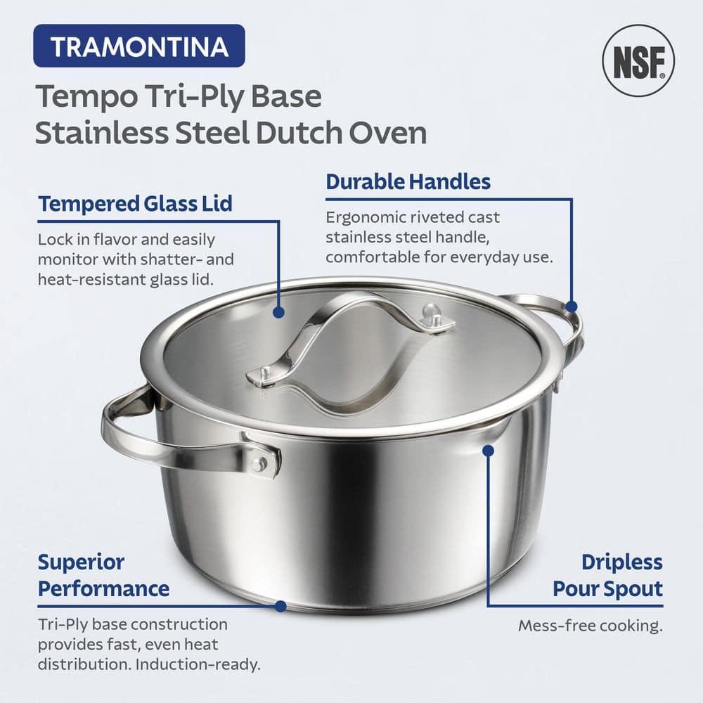 Tramontina Tempo Tri-Ply Base Stainless Steel 5-Quart Dutch Oven Pot with Glass Lid, Induction-Ready, Oven-Safe, Dishwasher-Safe
