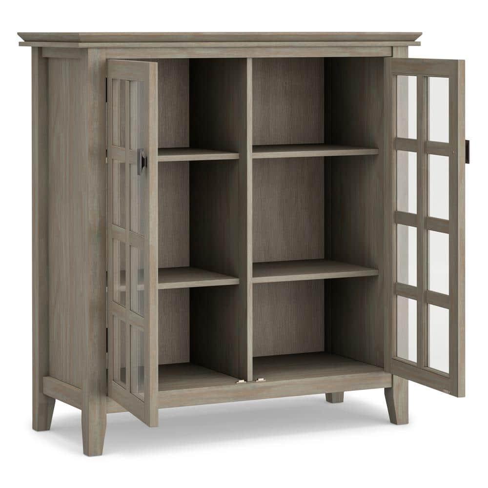 Simpli Home Artisan 38"W Solid Wood 4-Shelf Medium Storage Cabinet with Glass Doors and Adjustable Shelves