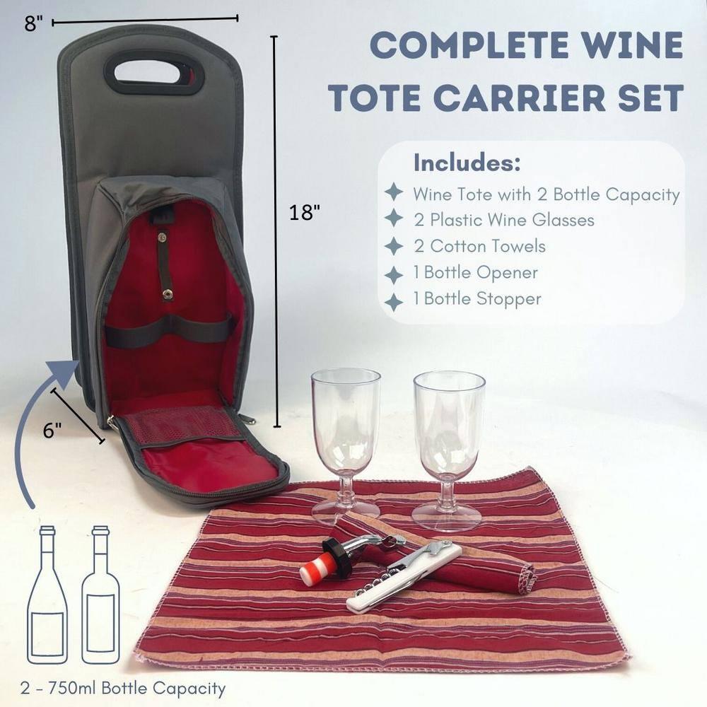Lexi Home 7-Piece Grey Red Insulated Bottle Carrier Picnic Tote Set