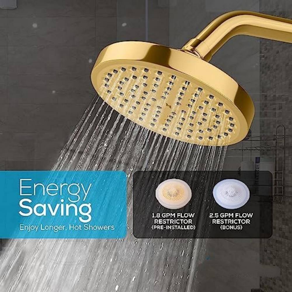 SparkPod 6" Rain Shower Head with 6" Shower Arm - High Pressure Rain - Luxury Modern Look - No Hassle Tool-less 1-Min Installation - Water Saving Shower Head - Luxury Spa Experience (Egyptian Gold)