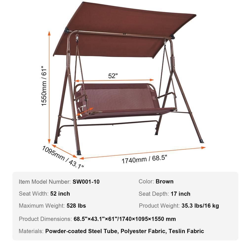 3-Person Patio Swing Chair Outdoor Patio Swing with Adjustable Canopy Porch Swing