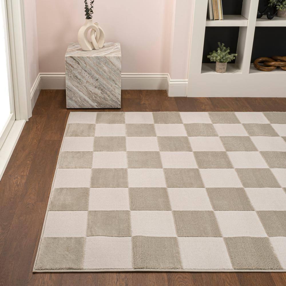 JONATHAN Y Thea Modern Geometric Checkerboard High-Low Beige/Cream 3 ft. x 5 ft. Area Rug