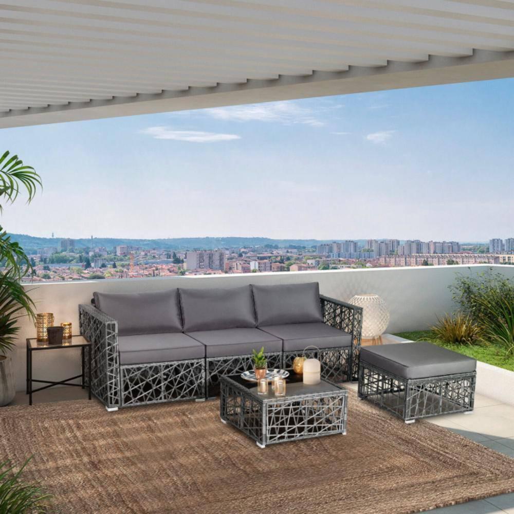 Costway 5 Pieces Patio PE Rattan Wicker Sofa Furniture Set Cushioned  Outdoor Grey