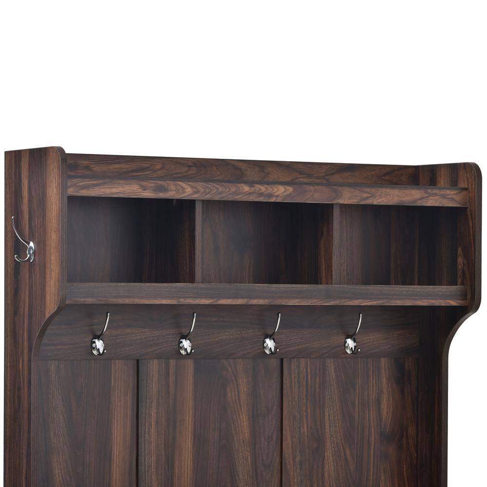 3 in 1 Hall Tree Coat Hanger Entryway Bench with 6 Hooks & Adjustable Shelves, Solid Wood Hallway Organizer with Storage Compartment for Hallway Living Room Mudroom, Brown