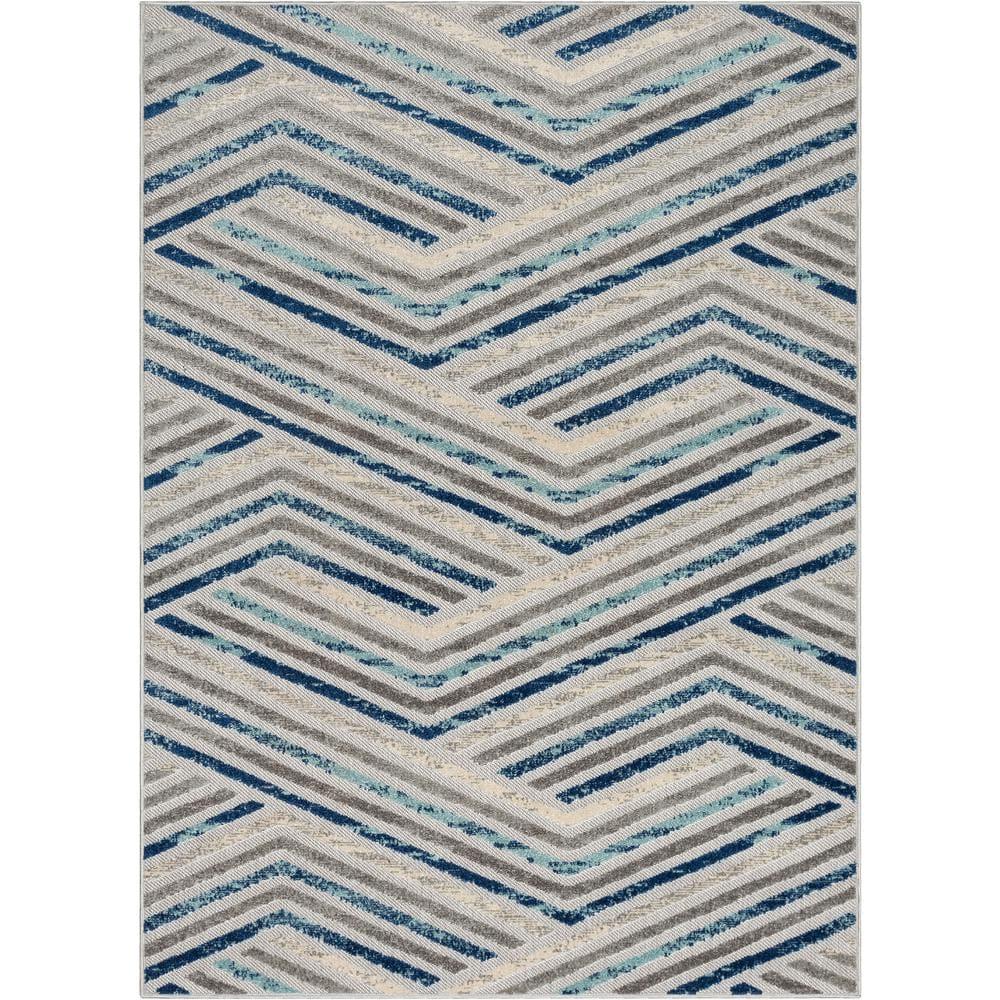 Neema Modern Chevron Striped Indoor/Outdoor Grey Blue High-Low Rug