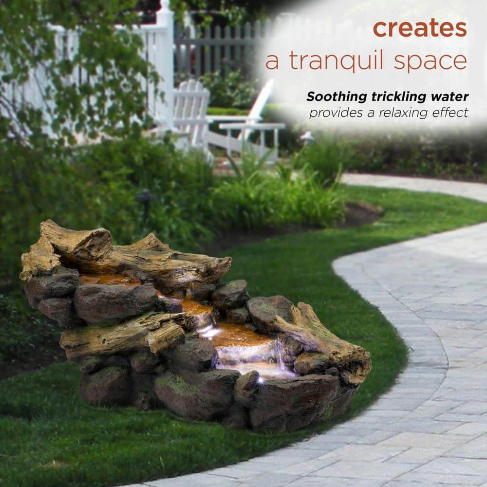 19" Resin River Rocks and Logs Fountain with LED Lights Gray/Cool White - Alpine Corporation: Indoor/Outdoor, Weather-Resistant