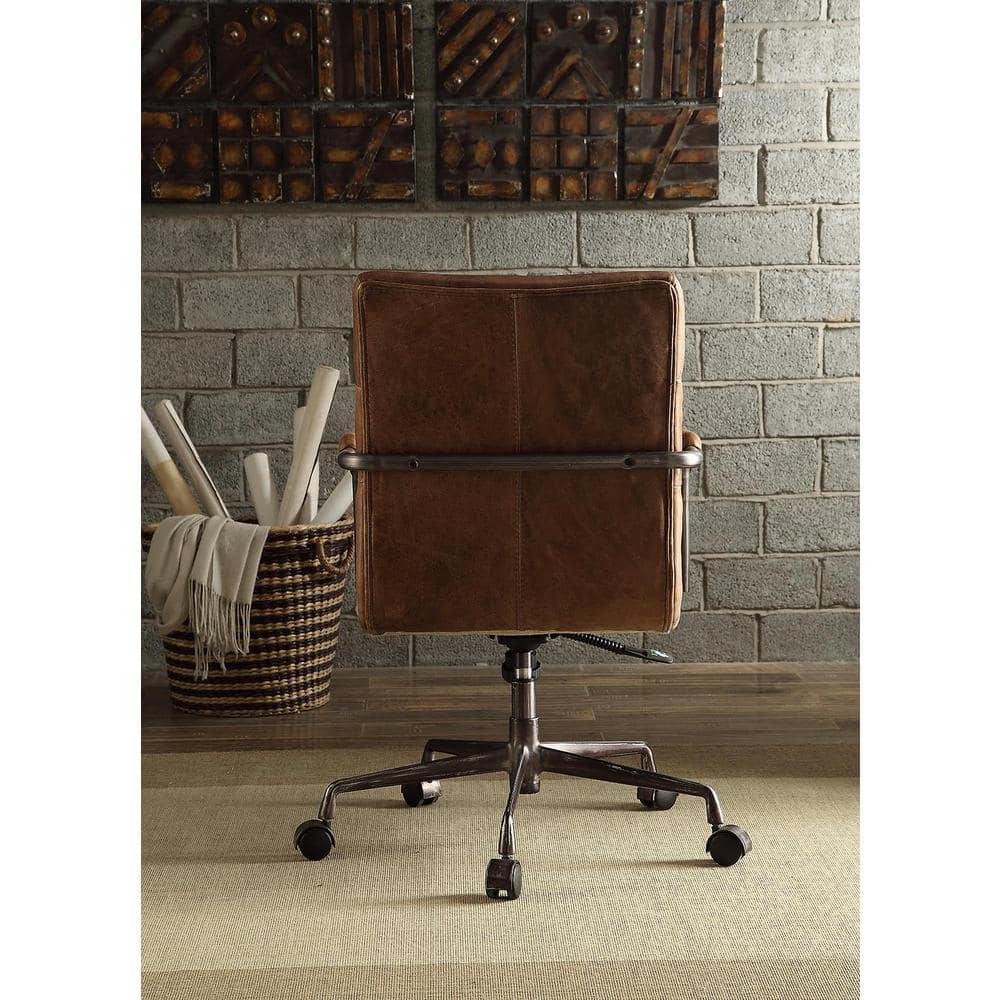 Leather Executive Swivel Office Chair with Lumbar and Back Support and Wheels, Industrial Modern Upholstered Home Desk Chair in Retro Brown Top Grain Leather for Living Room Office