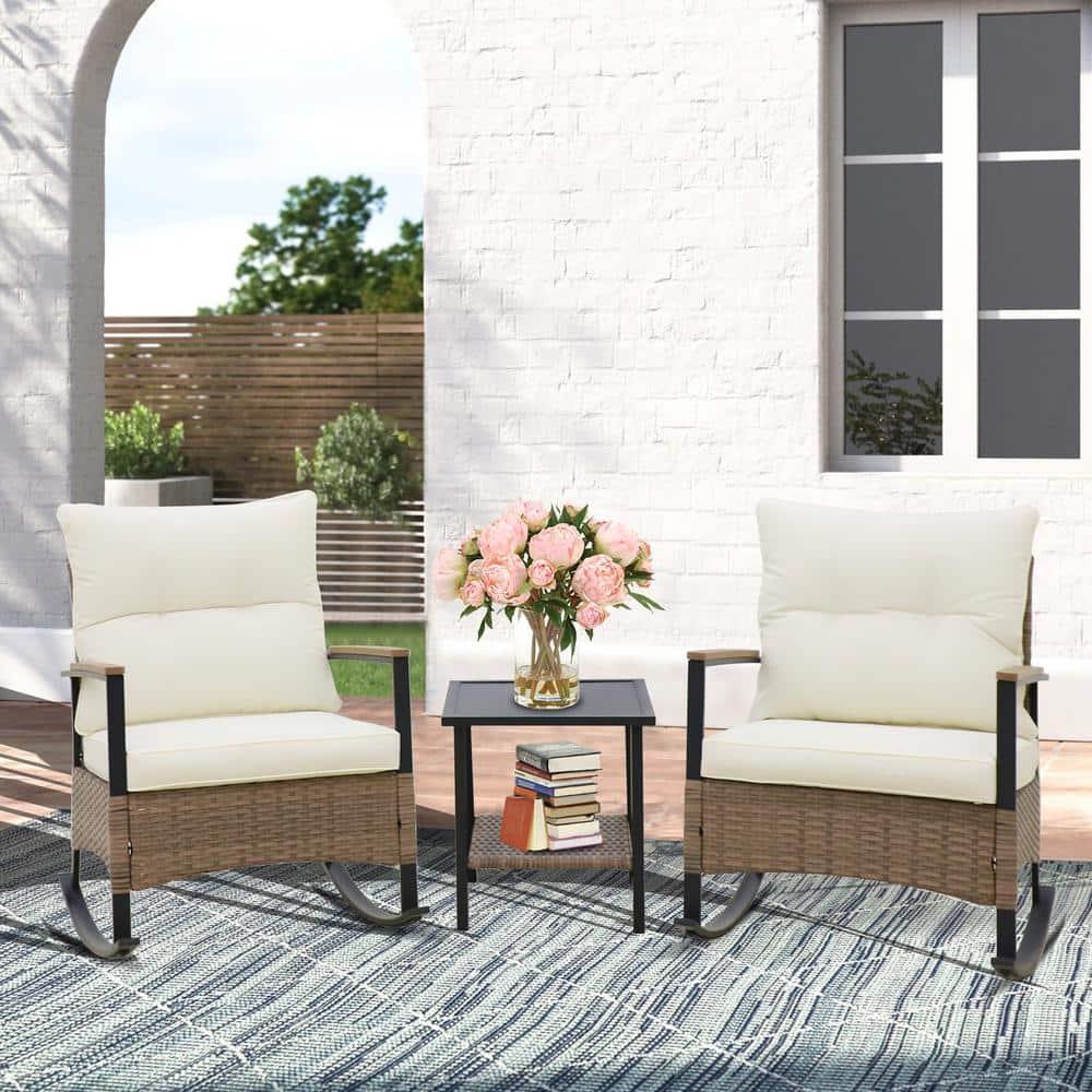 EAGLE PEAK 2 - Person Outdoor Seating Group Outdoor Rocking Seating Group with Cushions, 3-Piece Outdoor Rocking Chairs Set With Table