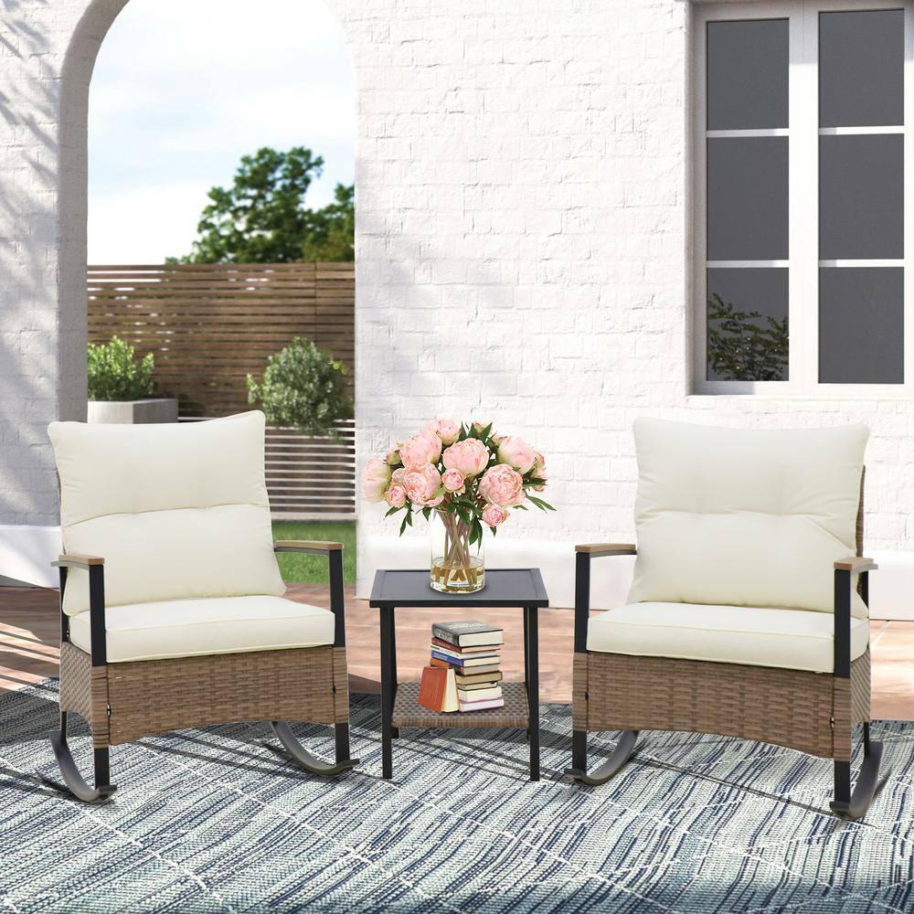 EAGLE PEAK 2 - Person Outdoor Seating Group Outdoor Rocking Seating Group with Cushions, 3-Piece Outdoor Rocking Chairs Set With Table