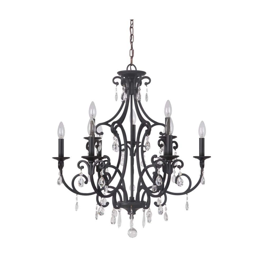 Matte Black 9-Light Wrought Iron Chandelier with Crystal Accents