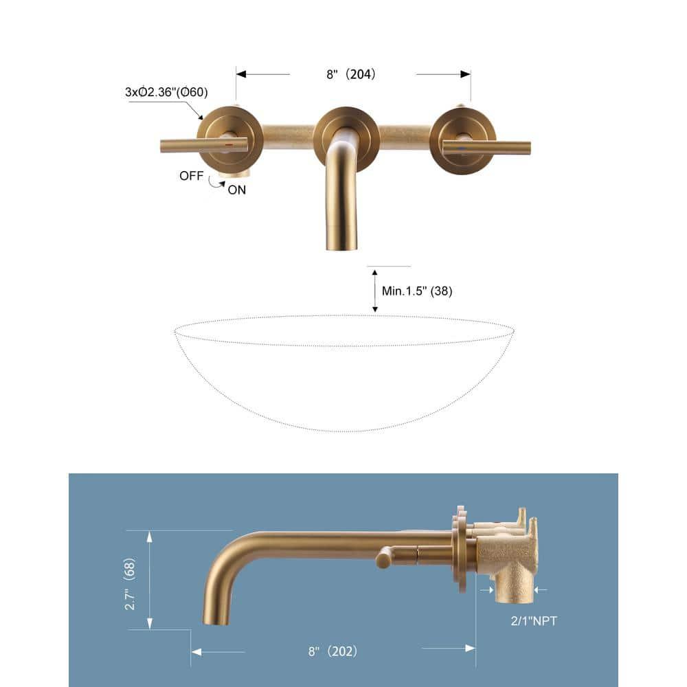 Double Handle Wall Mounted Bathroom Faucet in Solid Brass, Brused Gold