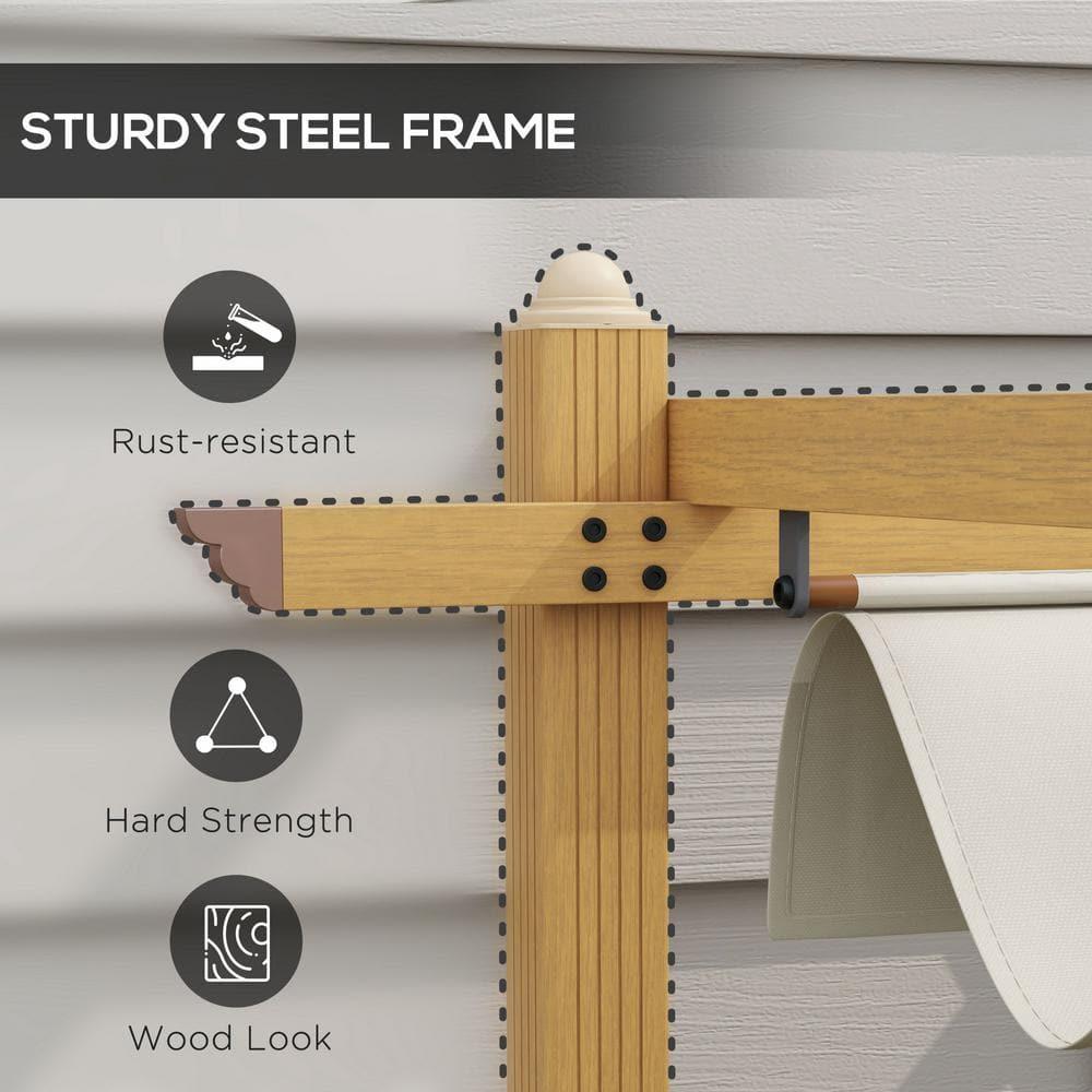 Outsunny 10' x 12' Outdoor Retractable Pergola, Heavy Duty Wood Grain Aluminum with Weather Resistant Fabric Sun Shade Canopy, Patio Shelter, Cream