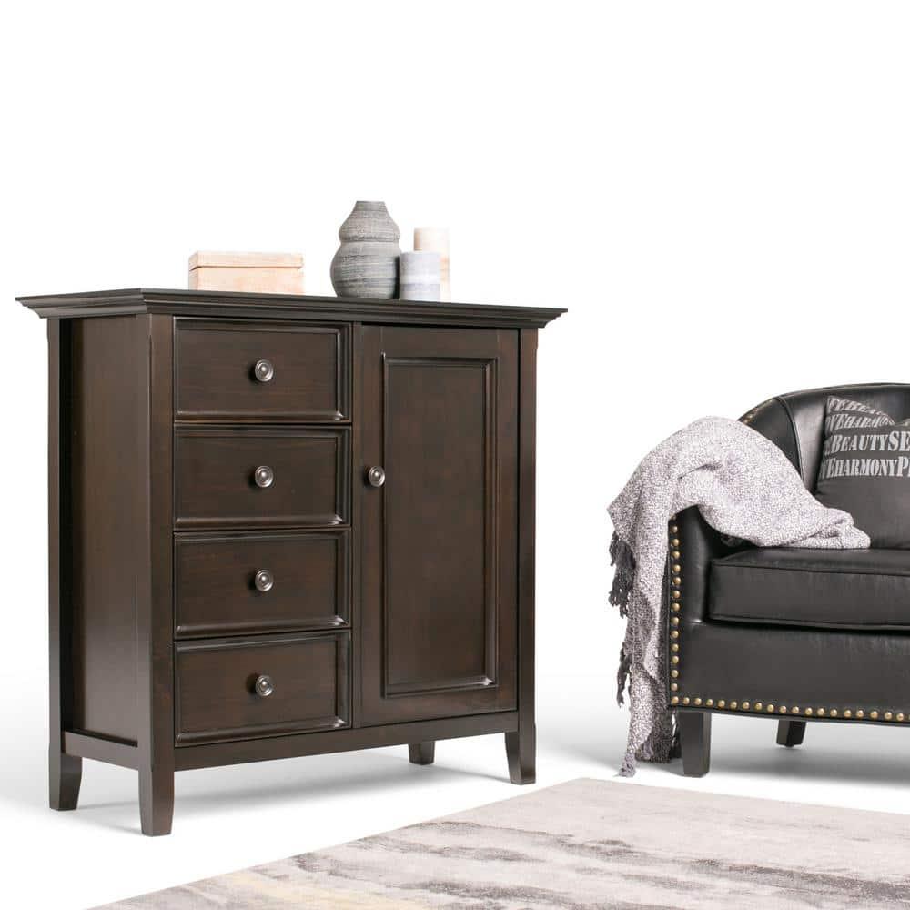 Simpli Home Amherst 32"W Solid Wood 2-Shelf Low Storage Cabinet with Adjustable Shelves and Tapered Legs