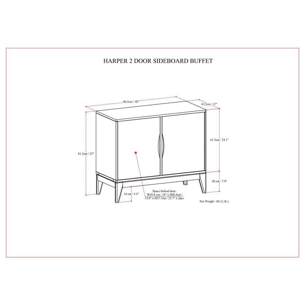 Simpli Home Harper 38"W Solid Wood Mid-Century Modern 2-Door Sideboard Buffet with Adjustable Shelves