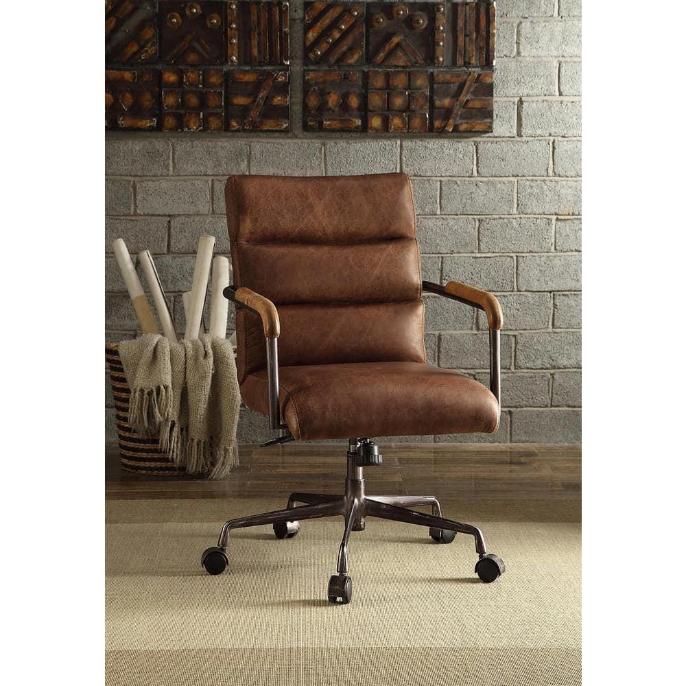 Leather Executive Swivel Office Chair with Lumbar and Back Support and Wheels, Industrial Modern Upholstered Home Desk Chair in Retro Brown Top Grain Leather for Living Room Office
