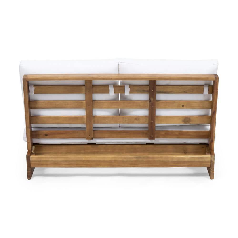 Roy Outdoor Acacia Wood Loveseat with Cushions, Teak and White