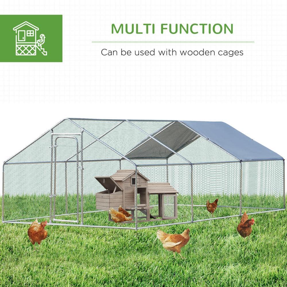 PawHut Galvanized Large Metal Chicken Coop Cage, 3 Room Walk-in Enclosure, Poultry Hen House with UV & Water Resistant Cover, 10' x 19.7' x 6.4'