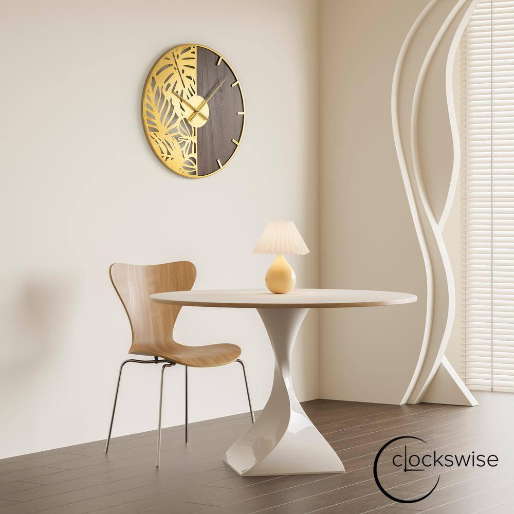 Clockswise 23.6” Round Big Wall Clock, brown wood and gold Metal with Leaf Cutout for Entryway Office Living Room or Kitchen, Hanging Supplies Include