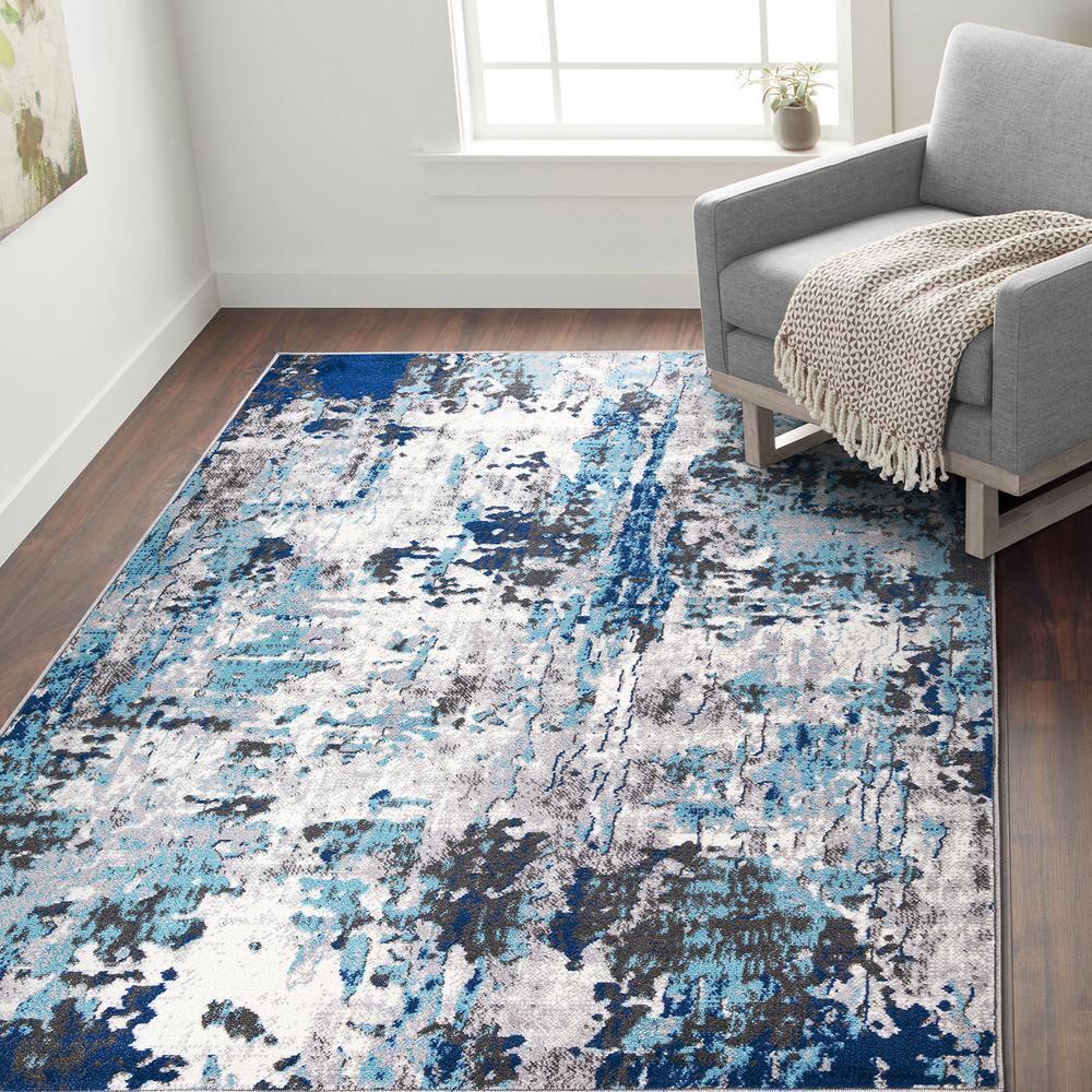 World Rug Gallery Distressed Modern Abstract Indoor Area Rug - Blue 7'10" x 10':  Stain-Resistant,  Low Pile,  Machine Made