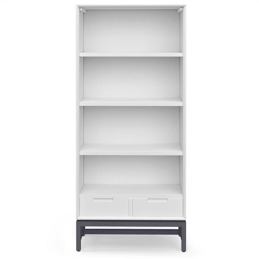 Simpli Home Banting 30"W Solid Wood 4 Shelf Industrial Bookcase with 2 Drawers, Adjustable Shelves, and Metal Base
